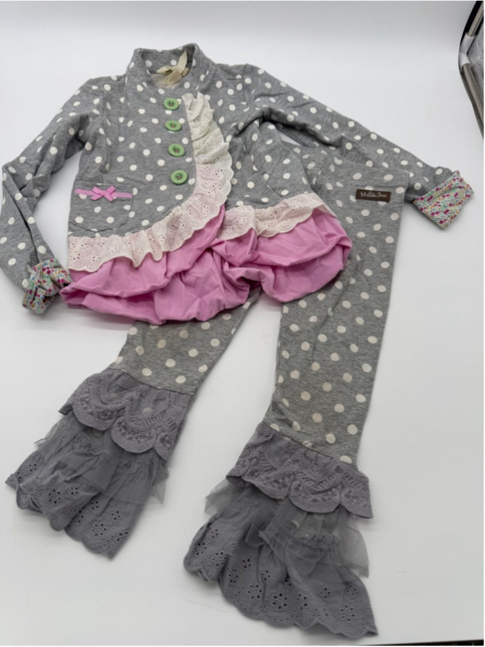 Matilda Jane Polka Dot Ruffle Set Size 4 Grey and Pink